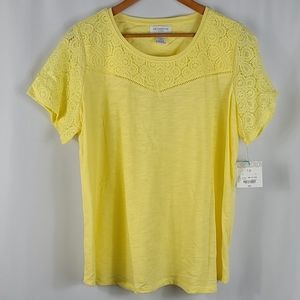 Yellow Cotton & Lace Lazer Cut Tee